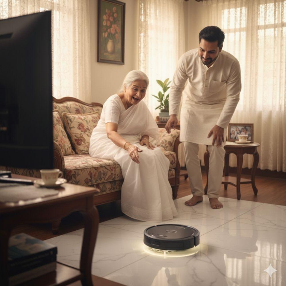 a happy family watching Airrobo p20 robot vacuum cleaner in bd 2025